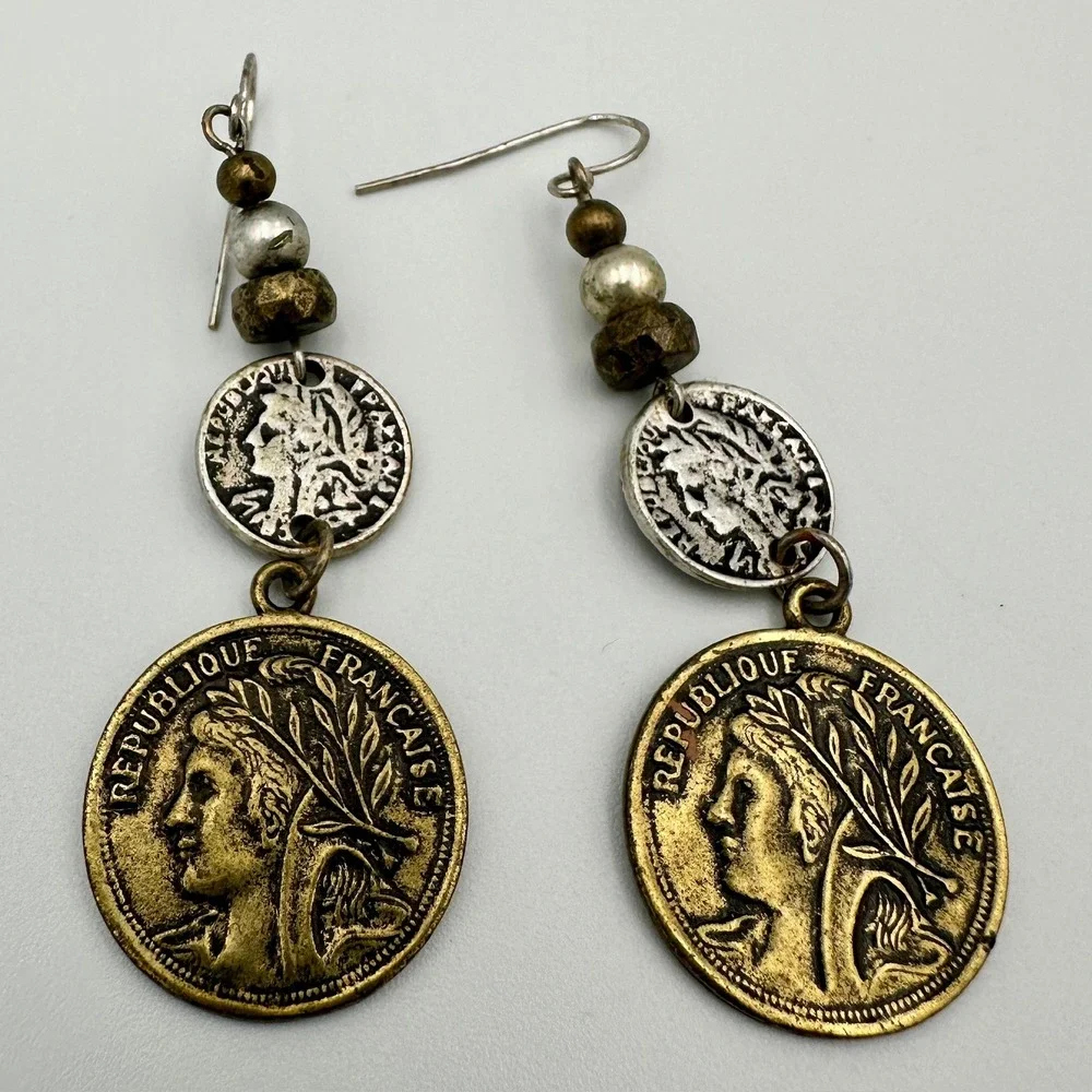 Vintage Style French Coin Drop Earrings Mixed Metal Boho Dangle Republique Franc - Picture 1 of 5
